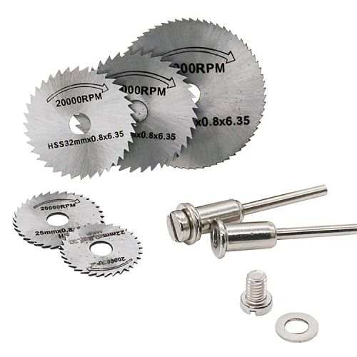 High Speed Steel Circular Saw Blades for precision woodworking, compatible with Dremel rotary tools, shown with included accessories.