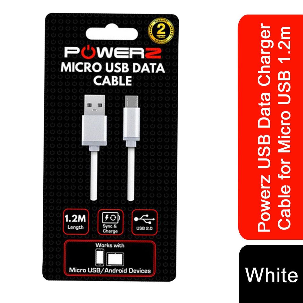Powerz USB Data Charger Cable for Micro USB 1.2m in white packaging.