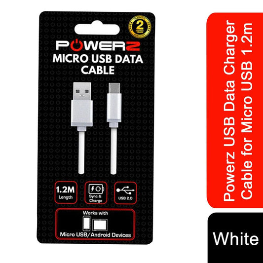 Powerz USB Data Charger Cable for Micro USB 1.2m in white packaging.