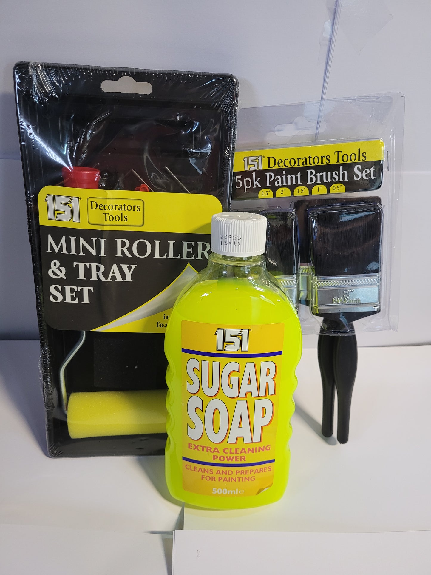 Sugar Soap Liquid (Bottle) 500ml & Mini Roller & Tray Set & Paint Brush 5pk - Bundle