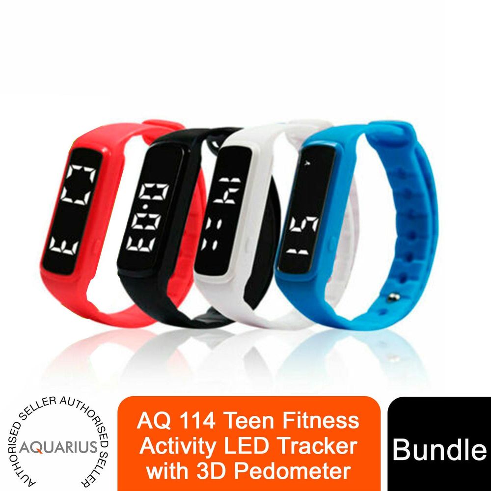 Aquarius AQ 114 Teen Fitness Tracker with 3D Pedometer in various colors.